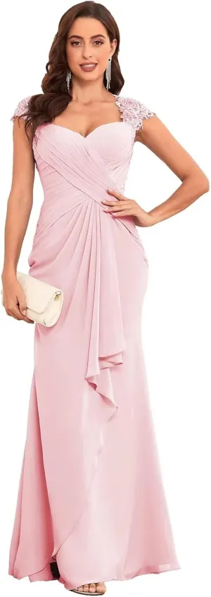 Mermaid Mother of The Bride Dresses for Wedding Cap Sleeves Chiffon Formal Dresses Ruffle Lace Appliques Evening Gown