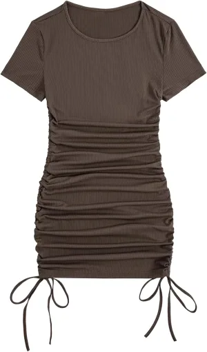 Milumia Women's Casual Rib Knit Short Sleeve Drawstring Ruched Bodycon Mini T Shirt Dress