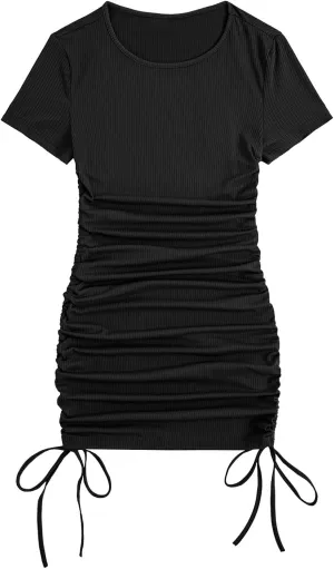 Milumia Women's Casual Rib Knit Short Sleeve Drawstring Ruched Bodycon Mini T Shirt Dress