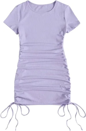 Milumia Women's Casual Rib Knit Short Sleeve Drawstring Ruched Bodycon Mini T Shirt Dress