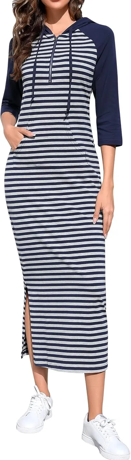 MISSKY Women Casual Pocket Quarter-Zip Neck 3/4 Sleeve Slim Split Pullover Hoodie Maxi Dress