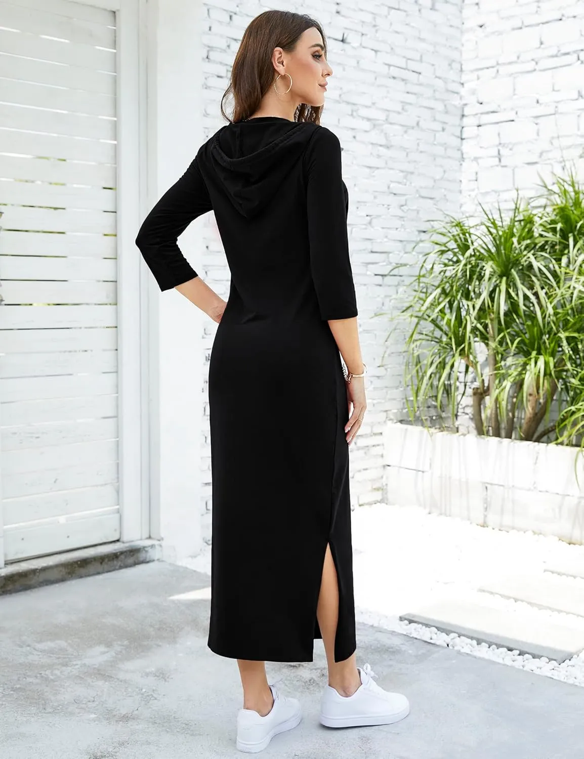 MISSKY Women Casual Pocket Quarter-Zip Neck 3/4 Sleeve Slim Split Pullover Hoodie Maxi Dress