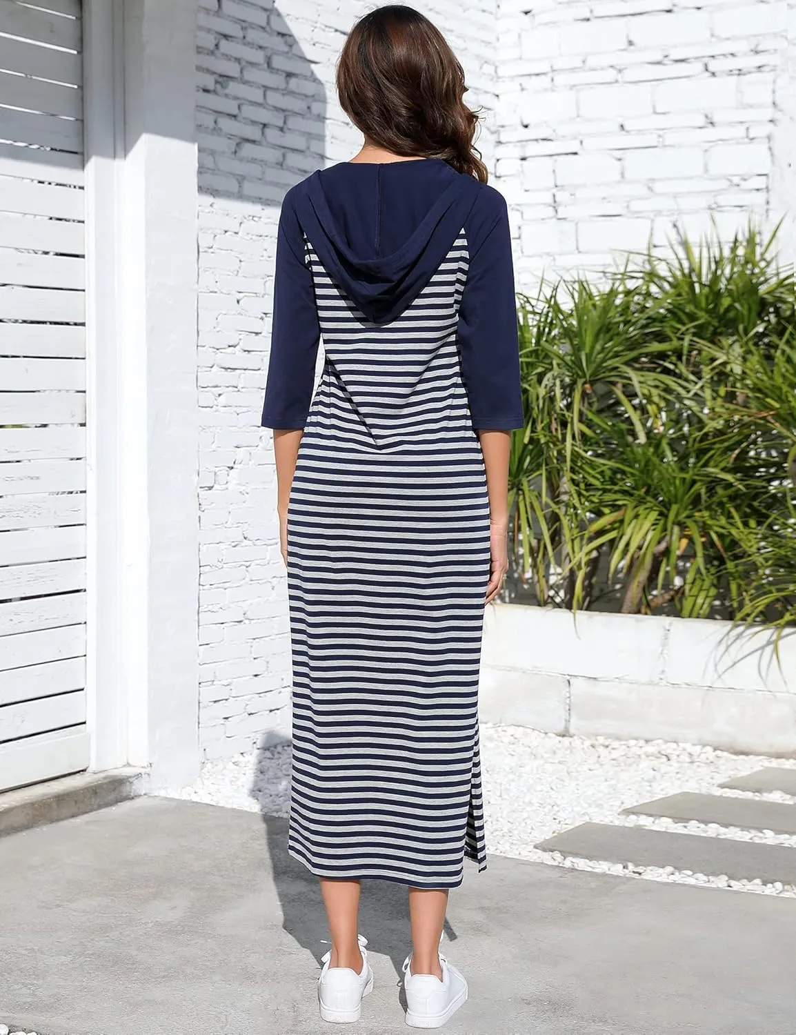 MISSKY Women Casual Pocket Quarter-Zip Neck 3/4 Sleeve Slim Split Pullover Hoodie Maxi Dress
