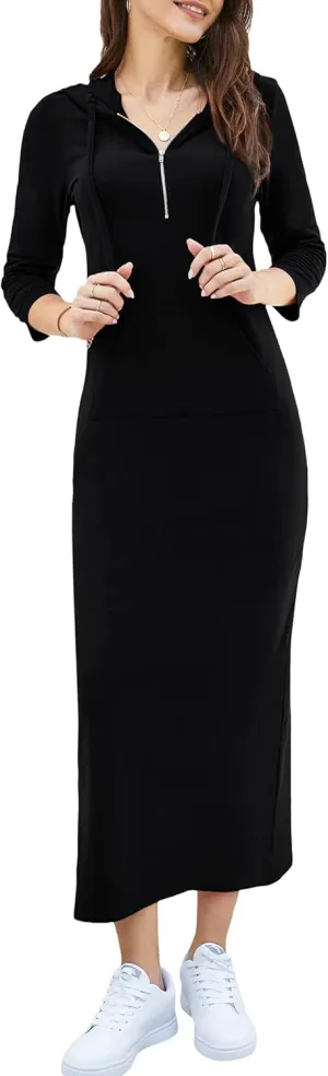 MISSKY Women Casual Pocket Quarter-Zip Neck 3/4 Sleeve Slim Split Pullover Hoodie Maxi Dress