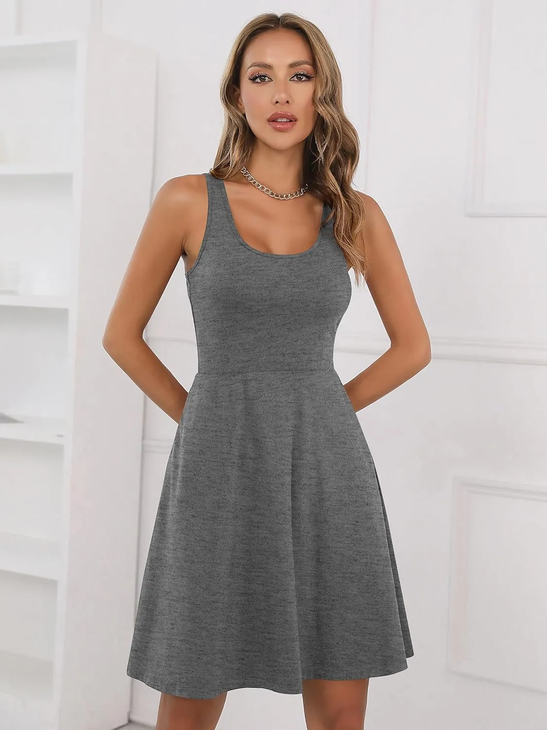Missufe Women's Sleeveless Racerback Flared Casual Plain Tank Dress