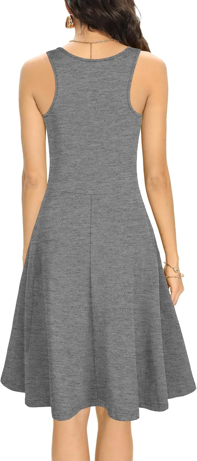 Missufe Women's Sleeveless Racerback Flared Casual Plain Tank Dress