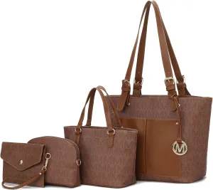 MKF Collection Tote Bag for Women, Shoulder Handbag & Wristlet Pouch Purse Top Handle Vegan Leather 4Pcs Set Pocketbook