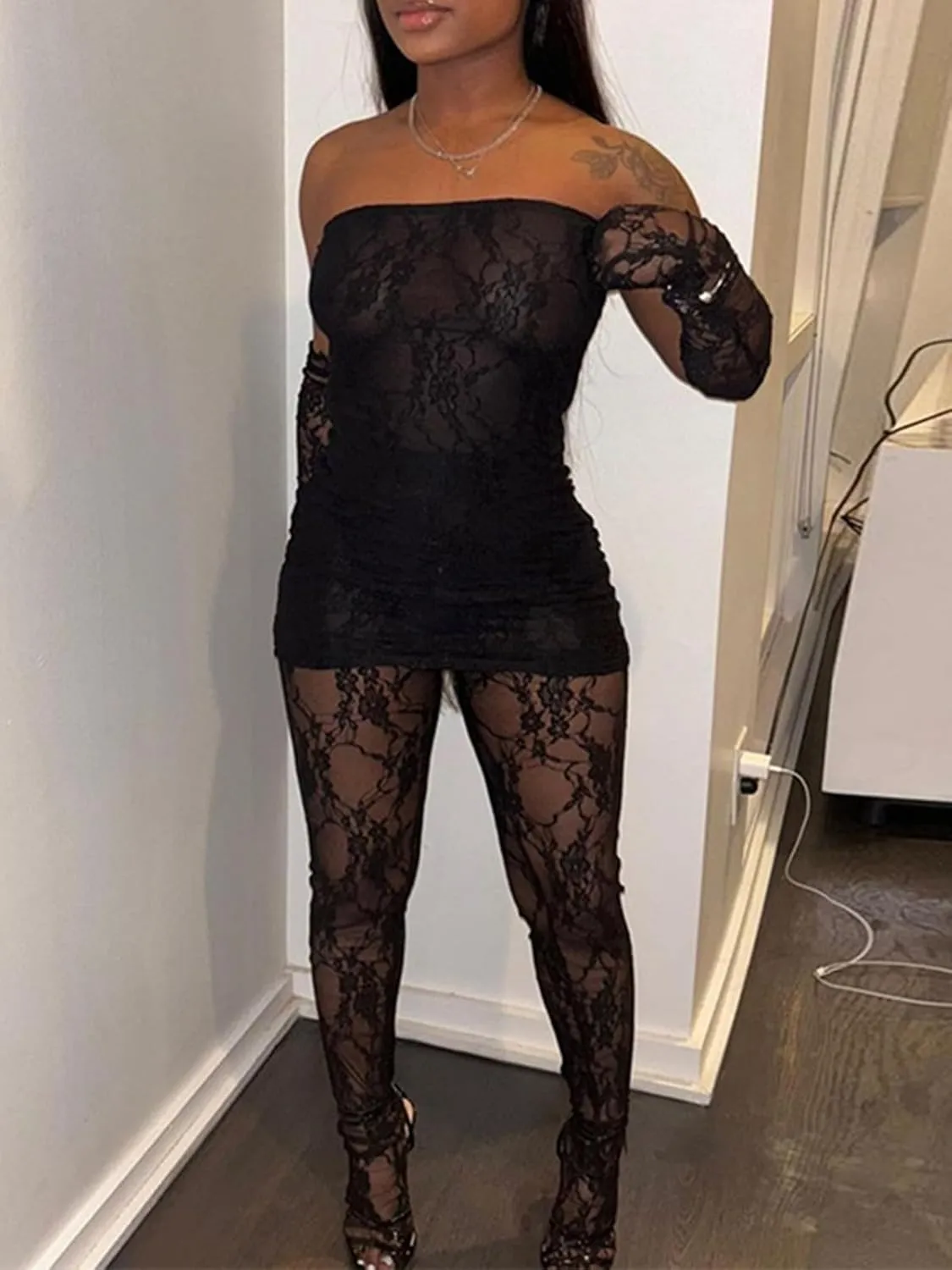 Mojessy Sexy 2 Piece Outfits for Women Clubwear Lace Tube Mini Dress Top with Stockings Set Birthday Outfits