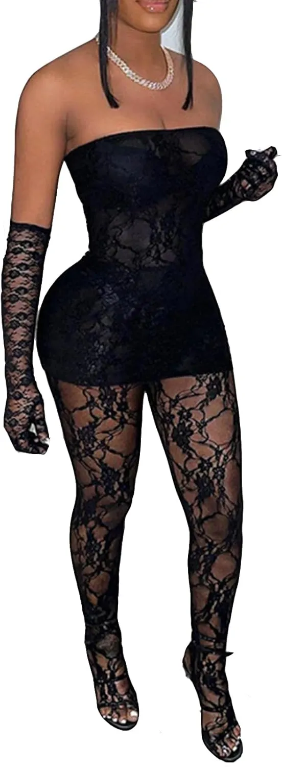 Mojessy Sexy 2 Piece Outfits for Women Clubwear Lace Tube Mini Dress Top with Stockings Set Birthday Outfits