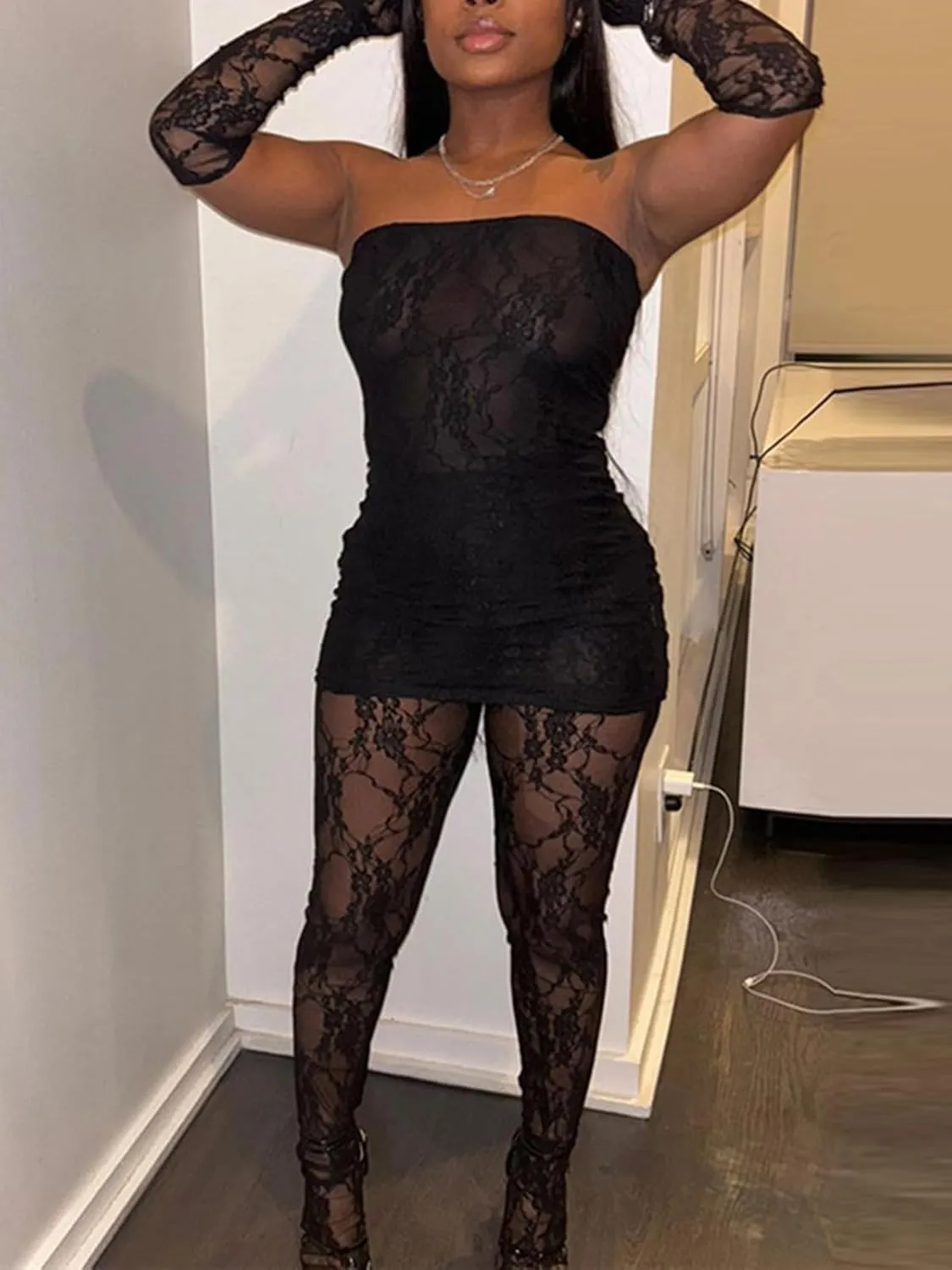 Mojessy Sexy 2 Piece Outfits for Women Clubwear Lace Tube Mini Dress Top with Stockings Set Birthday Outfits