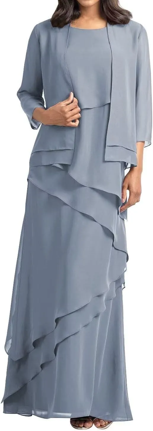 Mother of The Bride Dress with Jacket Long Chiffon Ruffles Wedding Guest Dresses for Women Formal Evening Gowns