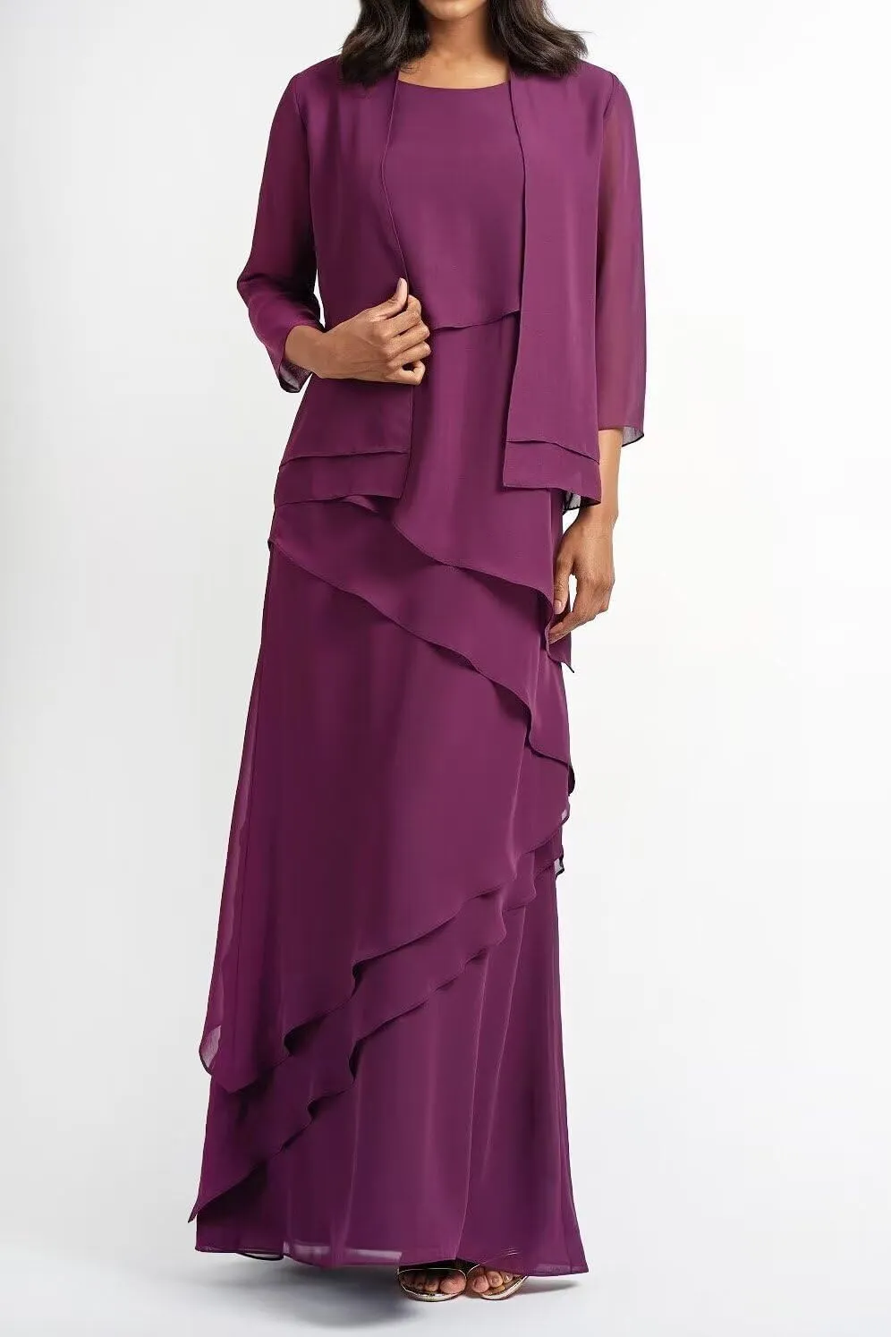 Mother of The Bride Dress with Jacket Long Chiffon Ruffles Wedding Guest Dresses for Women Formal Evening Gowns