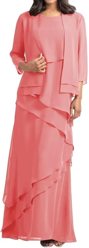 Mother of The Bride Dress with Jacket Long Chiffon Ruffles Wedding Guest Dresses for Women Formal Evening Gowns