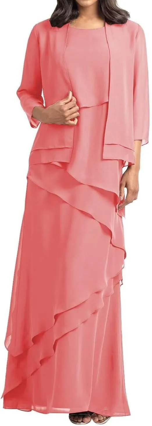 Mother of The Bride Dress with Jacket Long Chiffon Ruffles Wedding Guest Dresses for Women Formal Evening Gowns