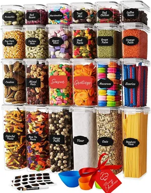 New 24 Pack Airtight Food Storage Containers for Kitchen Organization - Dry Food Plastic Canisters with Lids, Labels, Marker & Spoon Set for Kitchen Storage - Pantry Organizers for Cereal, Rice & Flour
