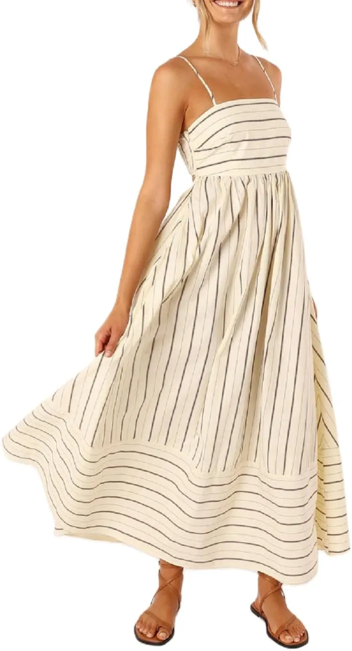 NUFIWI Women Summer Striped Maxi Dress Spaghetti Strap Backless Smocked Long Dress Boho Flowy A Line Beach Sundress