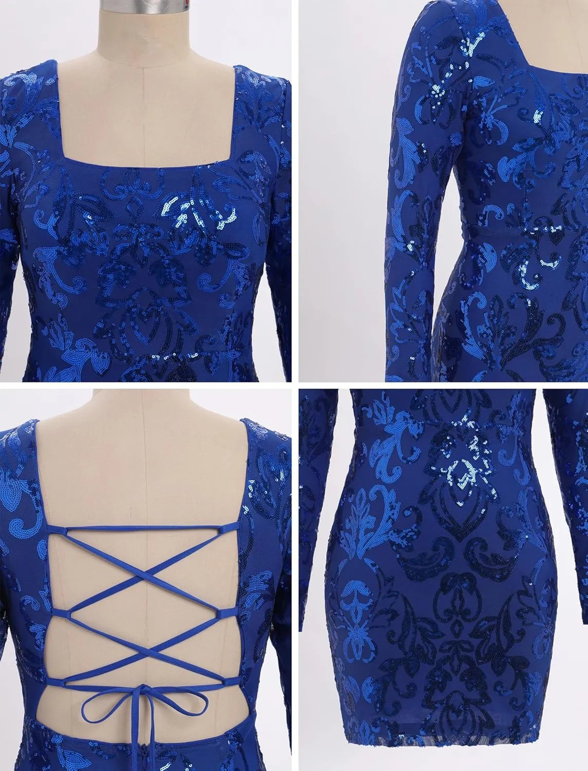 ODIZLI Women's Long Sleeve Sparkly Sequins Bodycon Mini Dress Party Nightclub Dresses Crisscross Straps Tie Back