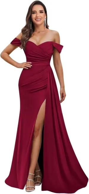 Off The Shoulder Prom Dresses for Women Long Mermaid Satin Bridesmaid Dress with Slit Formal Gown