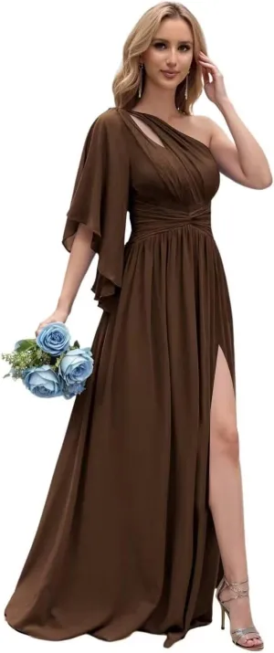 One Shoulder Bridesmaid Dresses 2025 Ruffled Chiffon Pleated Formal Evening Gowns with Slit