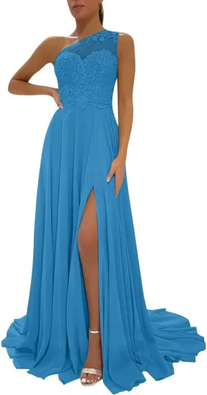 One Shoulder Chiffon Bridesmaid Dresses for Wedding 2025 Lace A-Line Slit Formal Evening Party Gown with Pockets