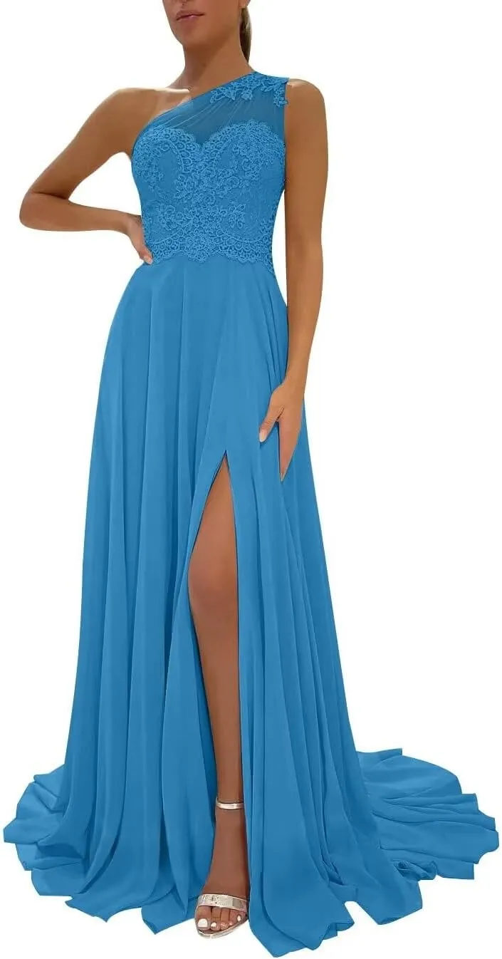 One Shoulder Chiffon Bridesmaid Dresses for Wedding 2025 Lace A-Line Slit Formal Evening Party Gown with Pockets