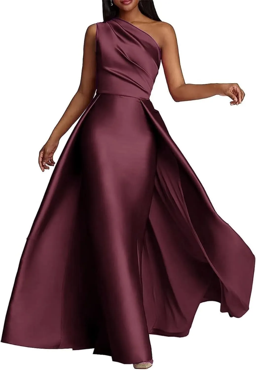 One Shoulder Prom Dresses for Women 2024 Long Ruched Satin Ball Gown Formal Evening Gowns with Pockets