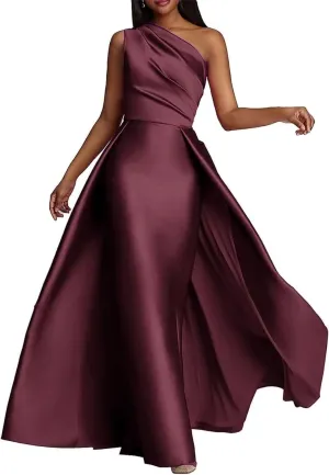 One Shoulder Prom Dresses for Women 2024 Long Ruched Satin Ball Gown Formal Evening Gowns with Pockets
