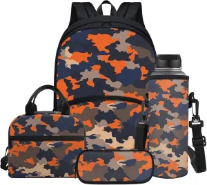 Orange Camo Backpack for Boys Girls Back to School Shoulder Bookbags Set, Insulated Thermal Lunch Totes,Pencil Holder,Cooler Water Bottle Sleeve 4 in 1