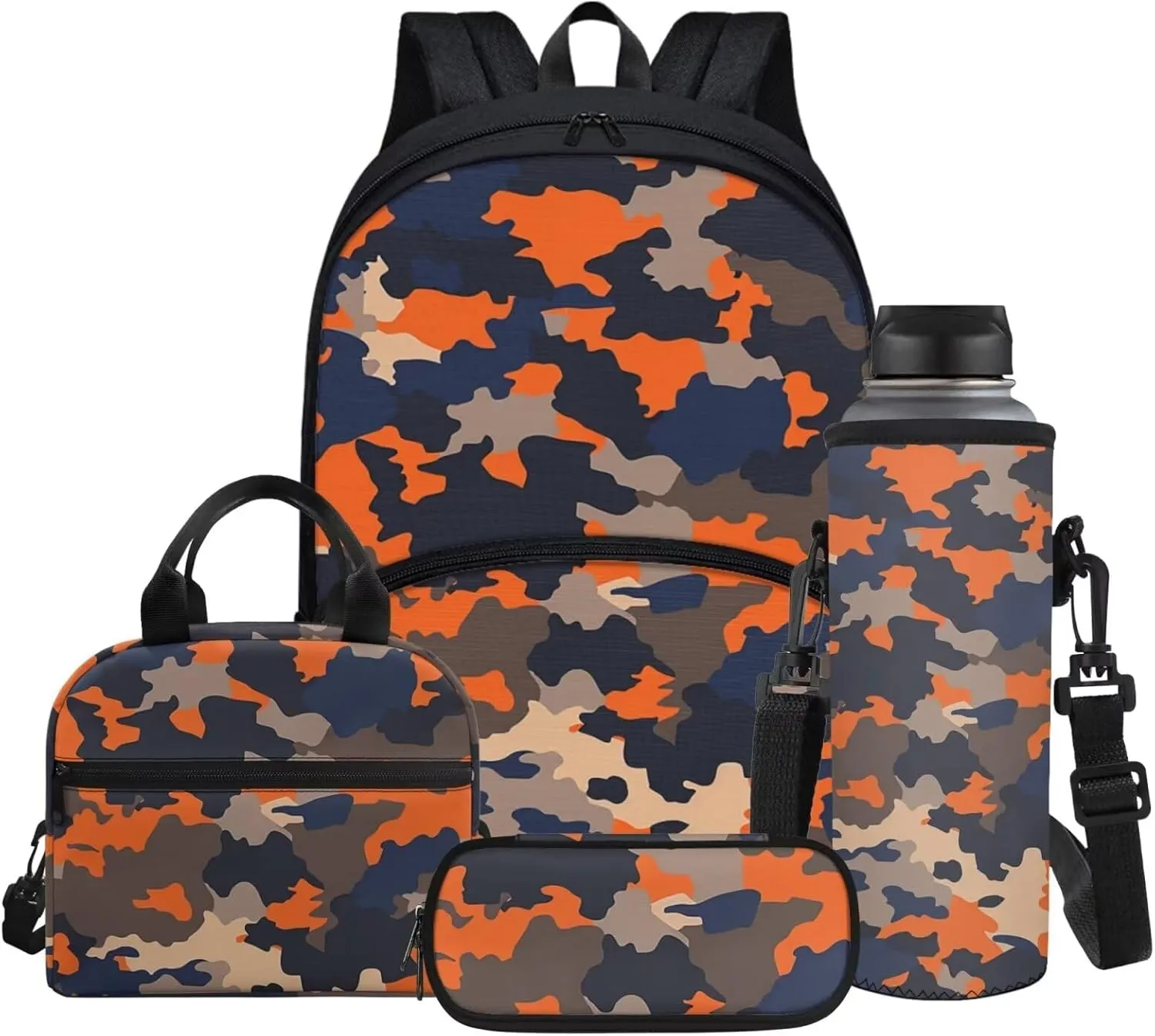 Orange Camo Backpack for Boys Girls Back to School Shoulder Bookbags Set, Insulated Thermal Lunch Totes,Pencil Holder,Cooler Water Bottle Sleeve 4 in 1