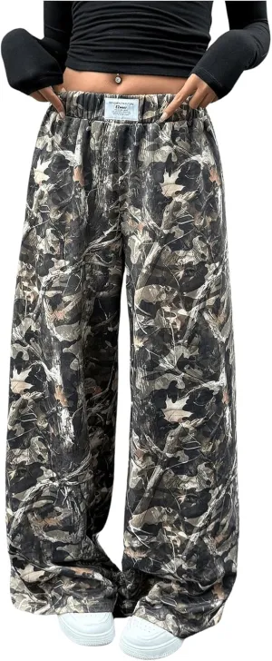 OYOANGLE Women's Camo Print Elastic High Waist Pants Wide Leg Baggy Trousers Streetwear