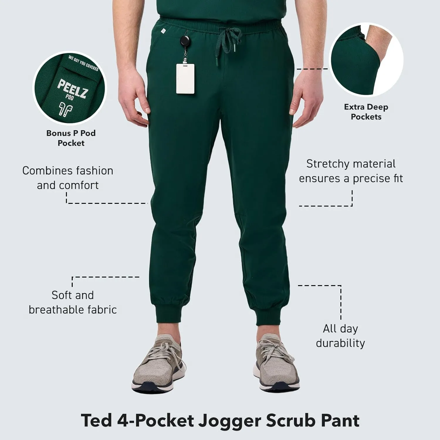 Peelz Ted 4-Pocket Jogger Scrub Pants for Men - Elastic Waistband, Drawstring Tie, Soft Men's Scrubs, Slim Fit