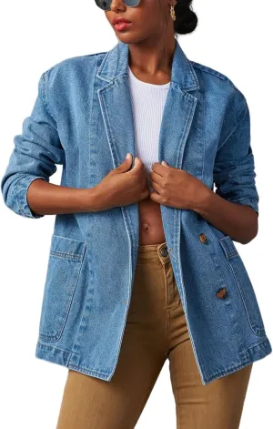 Perbai Women's Casual Denim Blazer Lapel Single Breasted Long Sleeve Loose Jean Work Jacket with Pockets