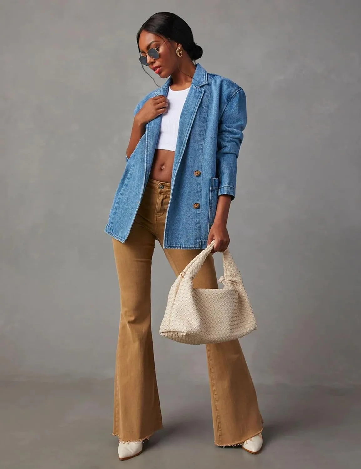 Perbai Women's Casual Denim Blazer Lapel Single Breasted Long Sleeve Loose Jean Work Jacket with Pockets
