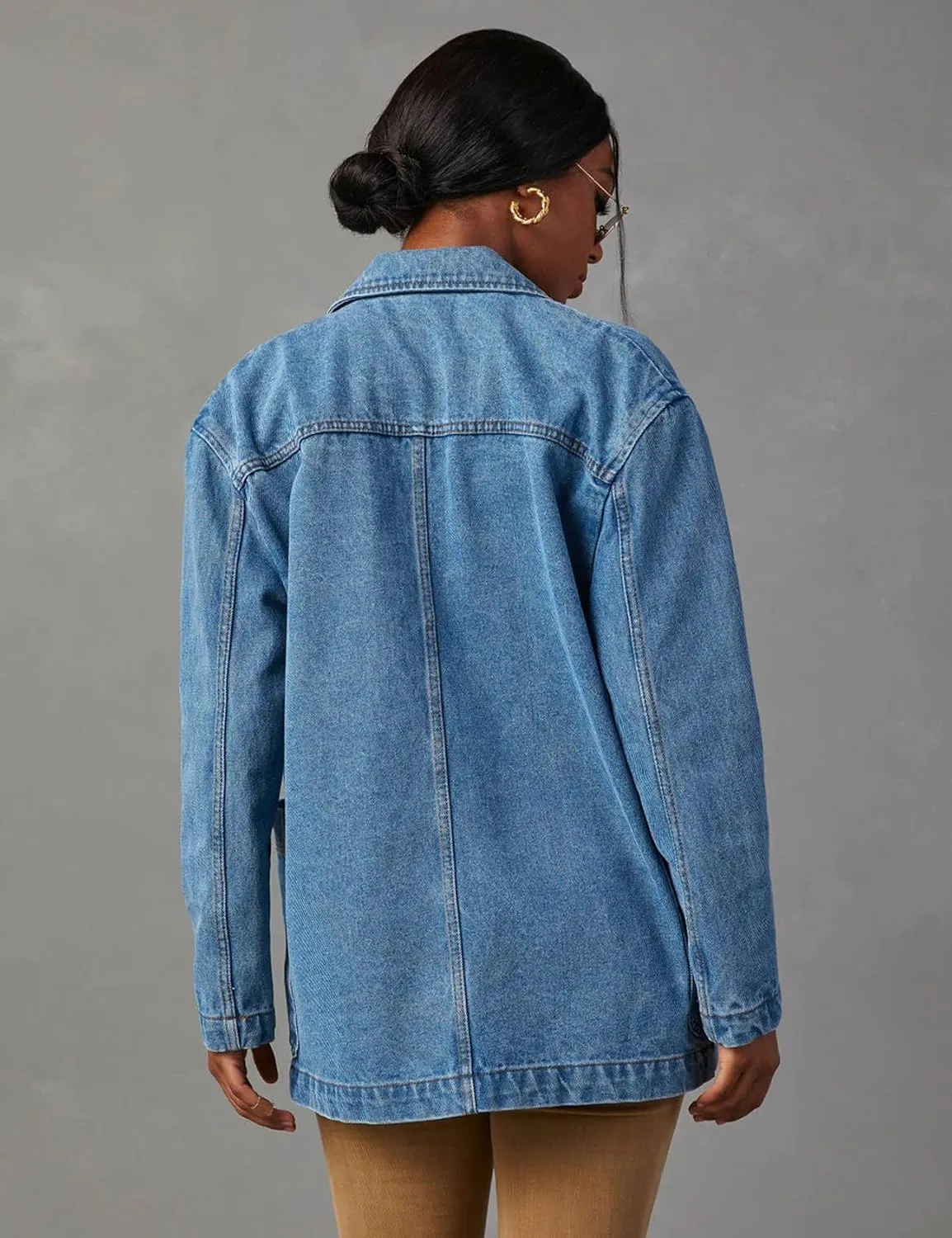 Perbai Women's Casual Denim Blazer Lapel Single Breasted Long Sleeve Loose Jean Work Jacket with Pockets