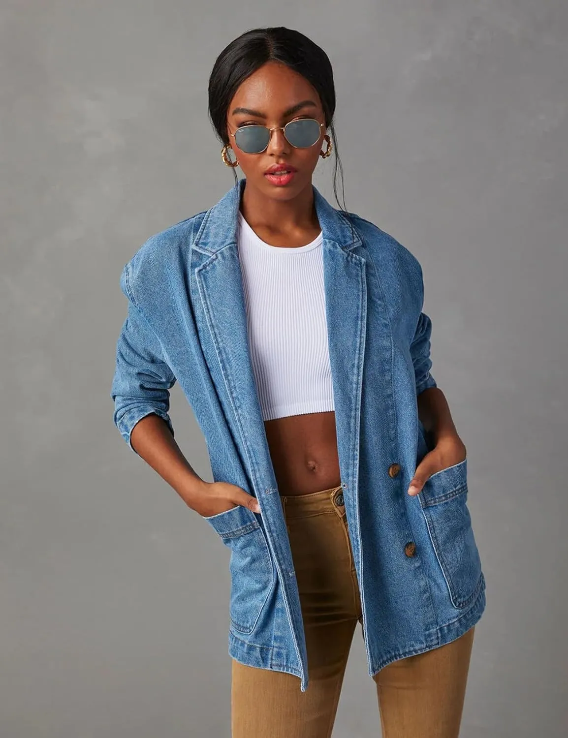 Perbai Women's Casual Denim Blazer Lapel Single Breasted Long Sleeve Loose Jean Work Jacket with Pockets