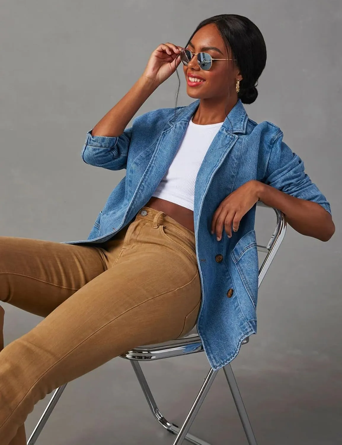 Perbai Women's Casual Denim Blazer Lapel Single Breasted Long Sleeve Loose Jean Work Jacket with Pockets