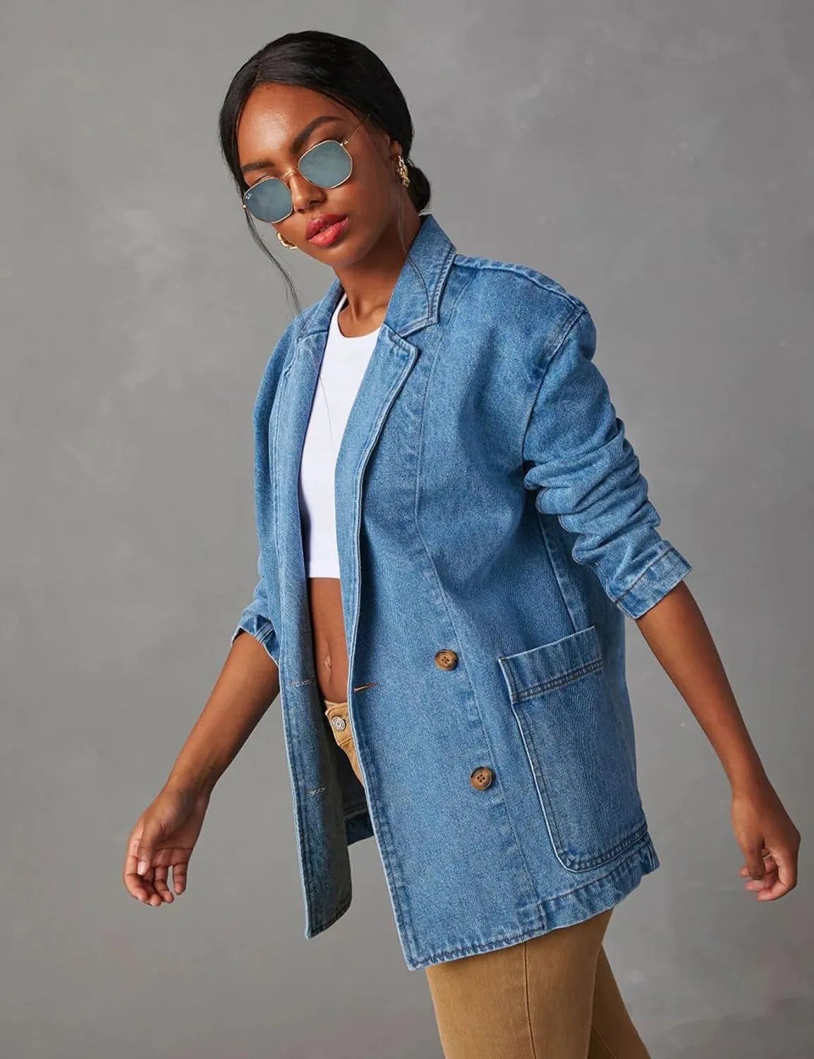 Perbai Women's Casual Denim Blazer Lapel Single Breasted Long Sleeve Loose Jean Work Jacket with Pockets