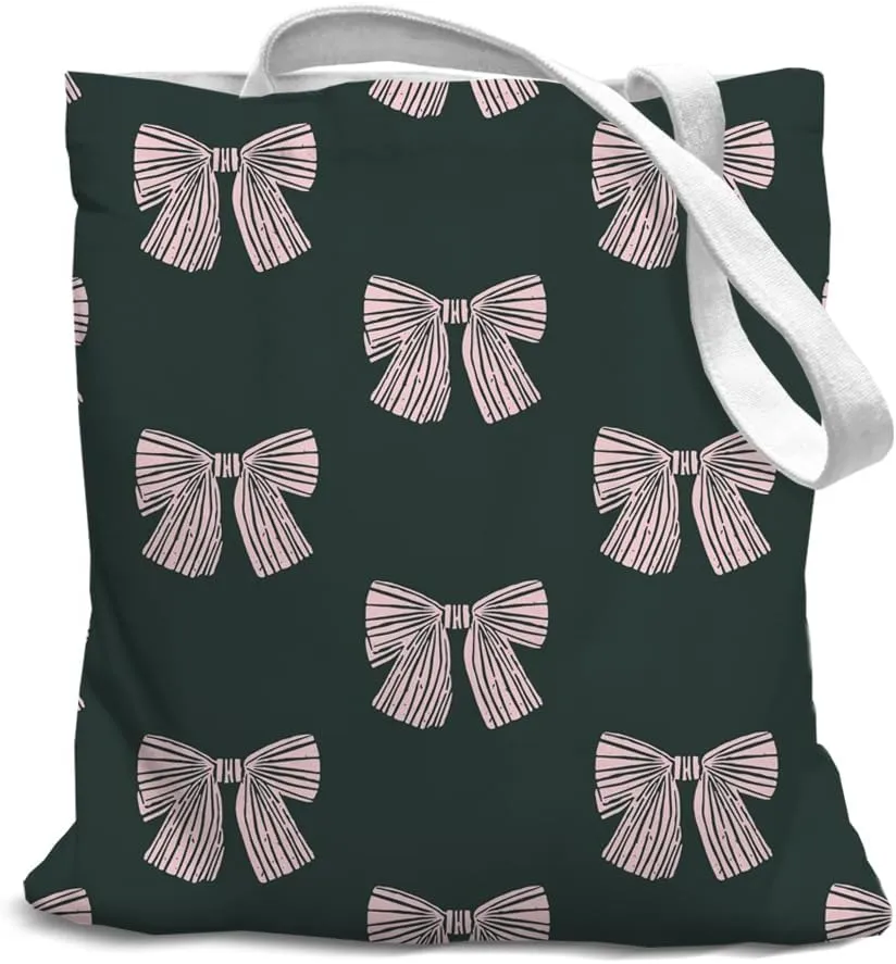 Pink Bow Preppy Canvas Tote Bag, Preppy Reusable Grocery Bags, Back to School for Students, Shopping Gift Bag for Work Travel Shoulder Bag, Best Gift for Pink Bow Lovers, White