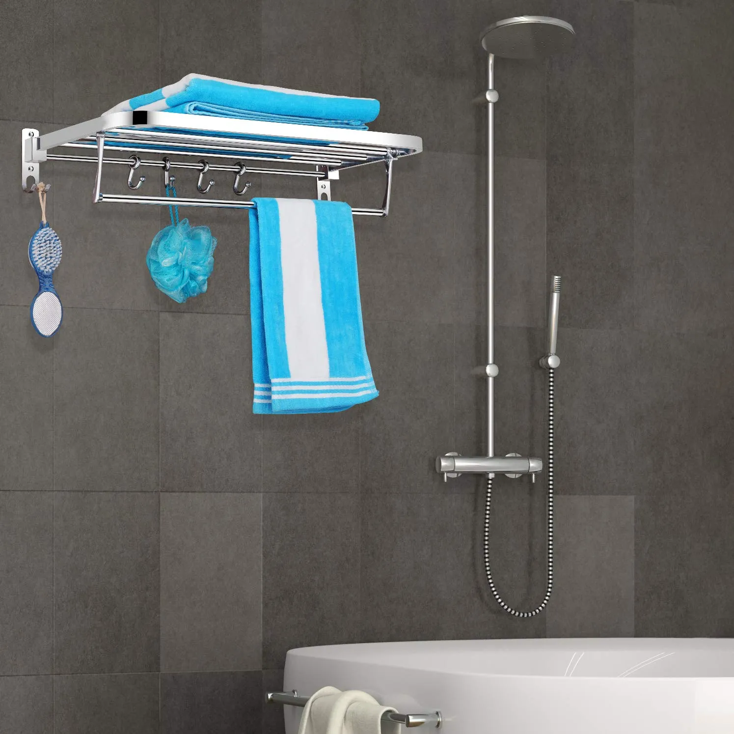 Plantex Eco 24 inch Stainless Steel Folding Towel Rack with Hooks/Towel Rod for Bathroom/Towel Hanger/Bathroom Accessories (Chrome)