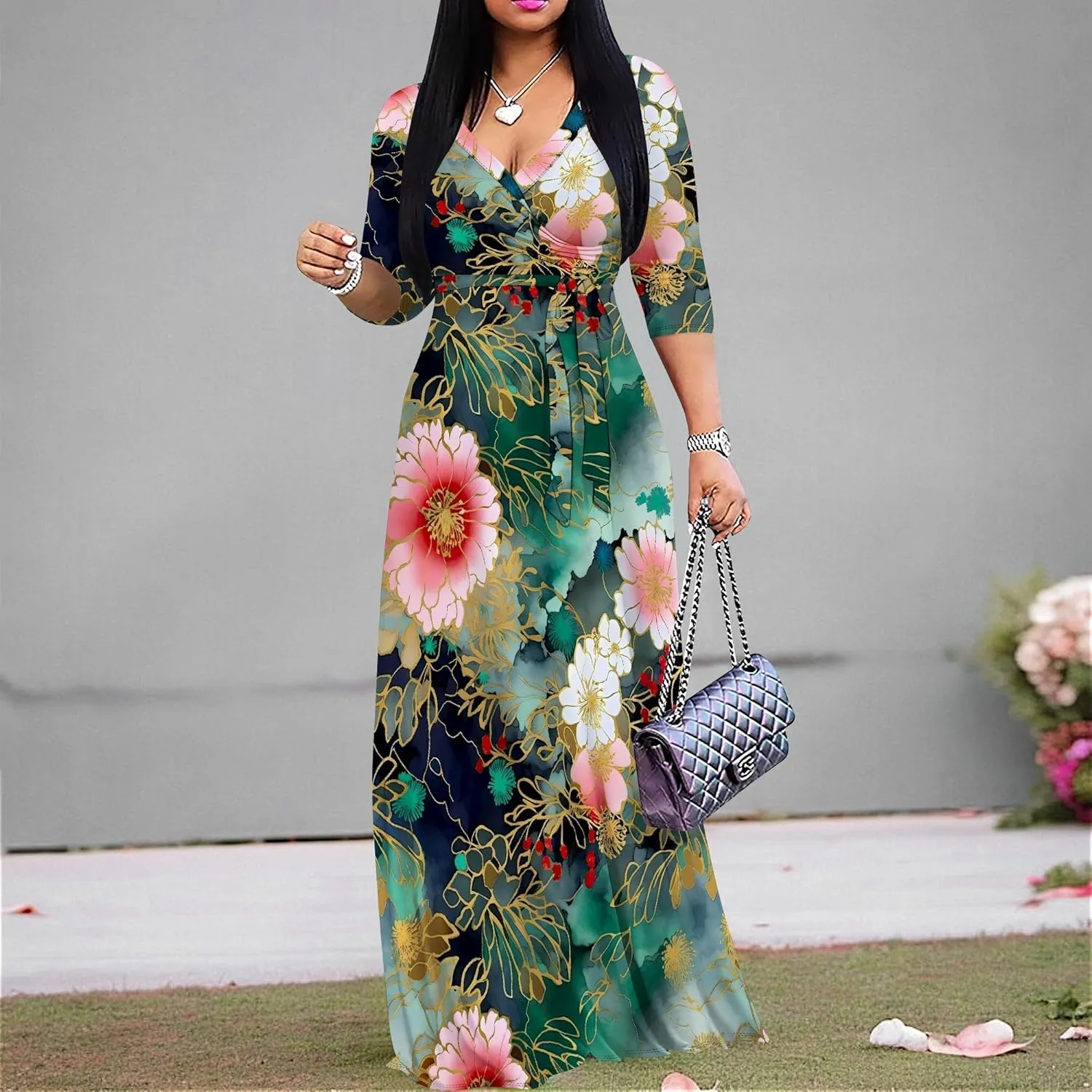 Plus Size Dresses for Women Floral Print Maxi Dress Flowy 3/4 Sleeve with Belt