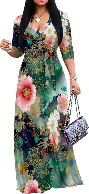 Plus Size Dresses for Women Floral Print Maxi Dress Flowy 3/4 Sleeve with Belt