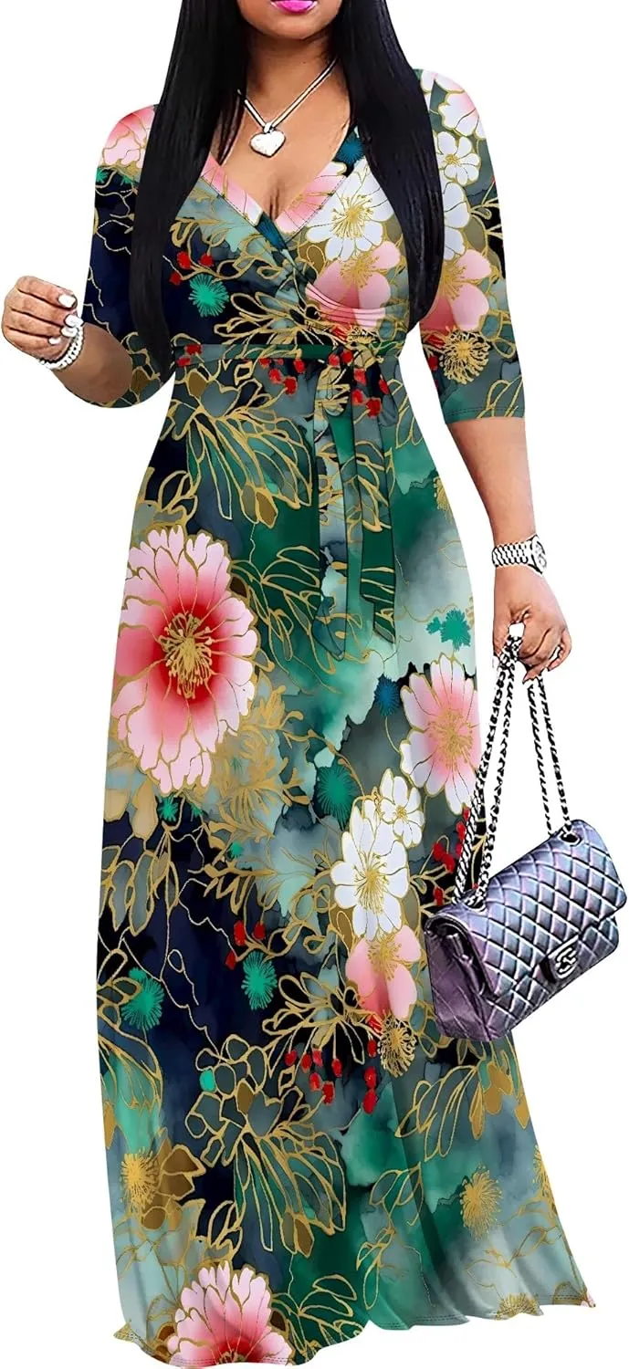 Plus Size Dresses for Women Floral Print Maxi Dress Flowy 3/4 Sleeve with Belt