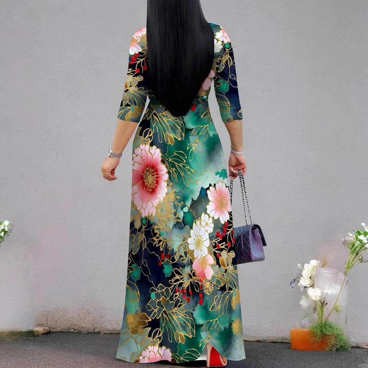 Plus Size Dresses for Women Floral Print Maxi Dress Flowy 3/4 Sleeve with Belt