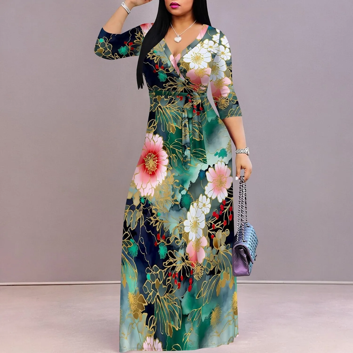 Plus Size Dresses for Women Floral Print Maxi Dress Flowy 3/4 Sleeve with Belt