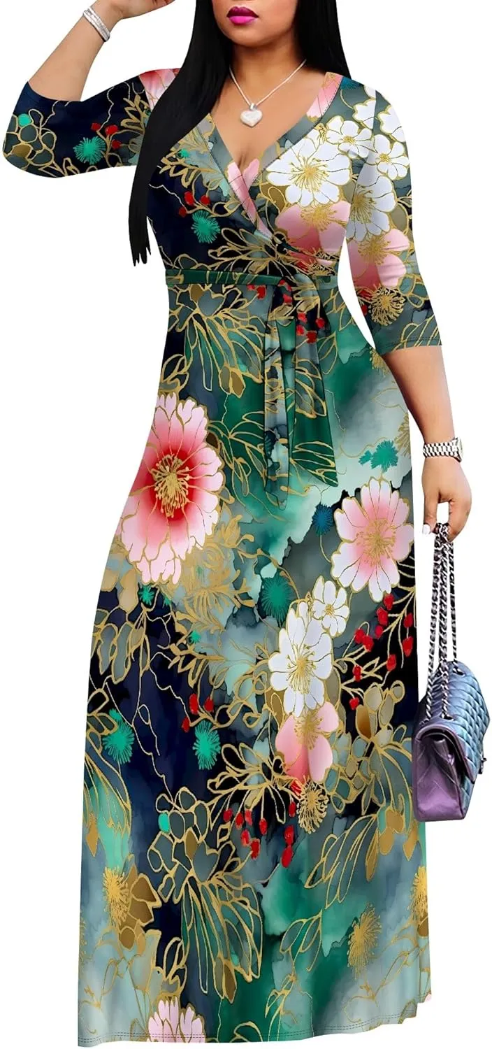 Plus Size Dresses for Women Floral Print Maxi Dress Flowy 3/4 Sleeve with Belt