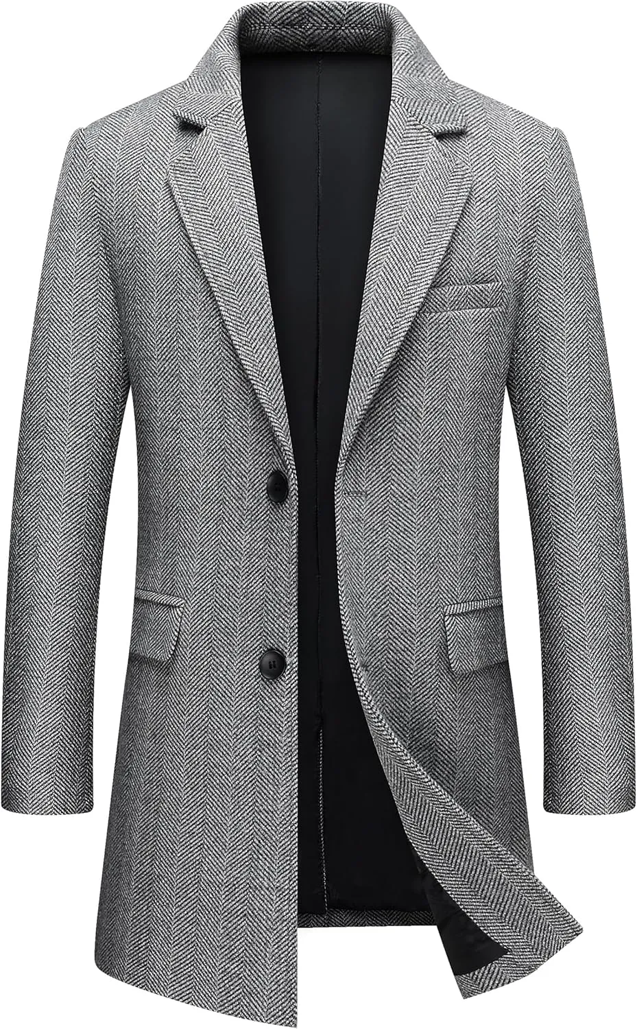 PRIJOUHE Men's Wool Trench Coat Single Breasted Slim Fit Mid-Length Notched Collar Winter Overcoat Quilted Pea Coats