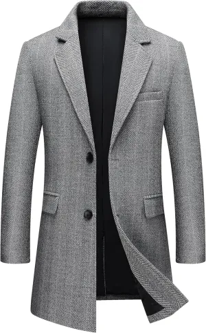 PRIJOUHE Men's Wool Trench Coat Single Breasted Slim Fit Mid-Length Notched Collar Winter Overcoat Quilted Pea Coats
