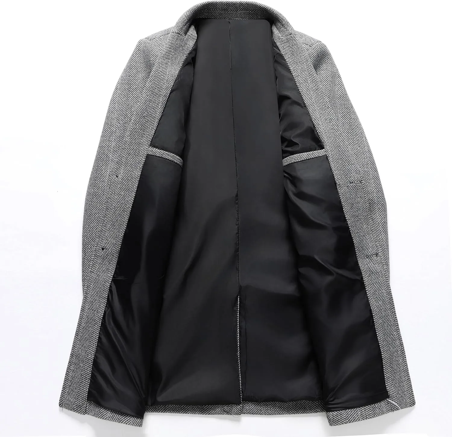 PRIJOUHE Men's Wool Trench Coat Single Breasted Slim Fit Mid-Length Notched Collar Winter Overcoat Quilted Pea Coats