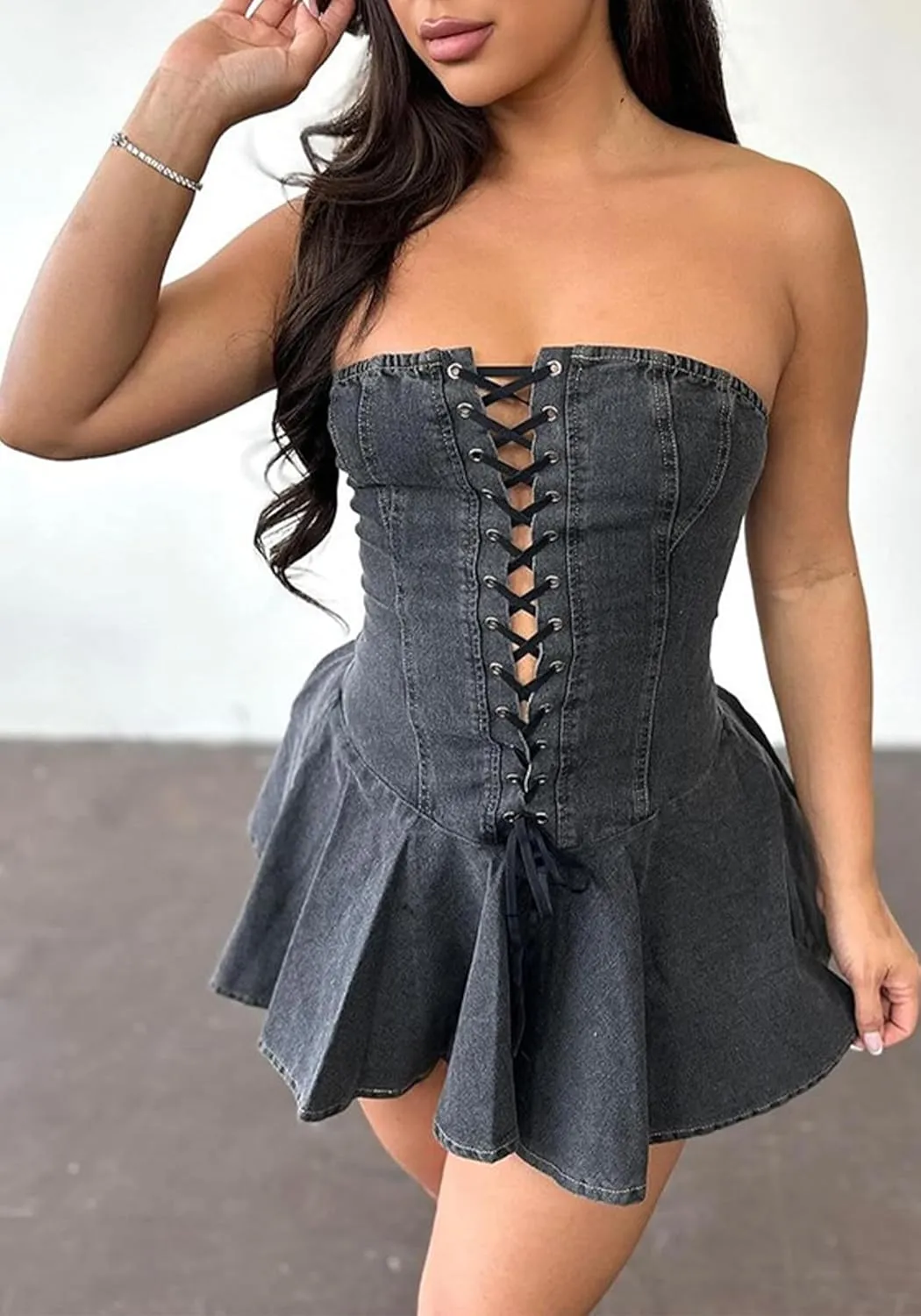 Ptorlio Summer Sexy Denim Mini Dress Strapless Party Club Tube A-line Corset Bandage Short Dresses