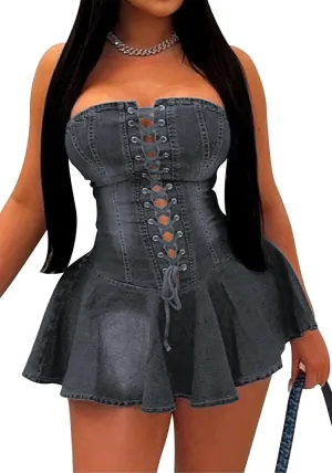 Ptorlio Summer Sexy Denim Mini Dress Strapless Party Club Tube A-line Corset Bandage Short Dresses